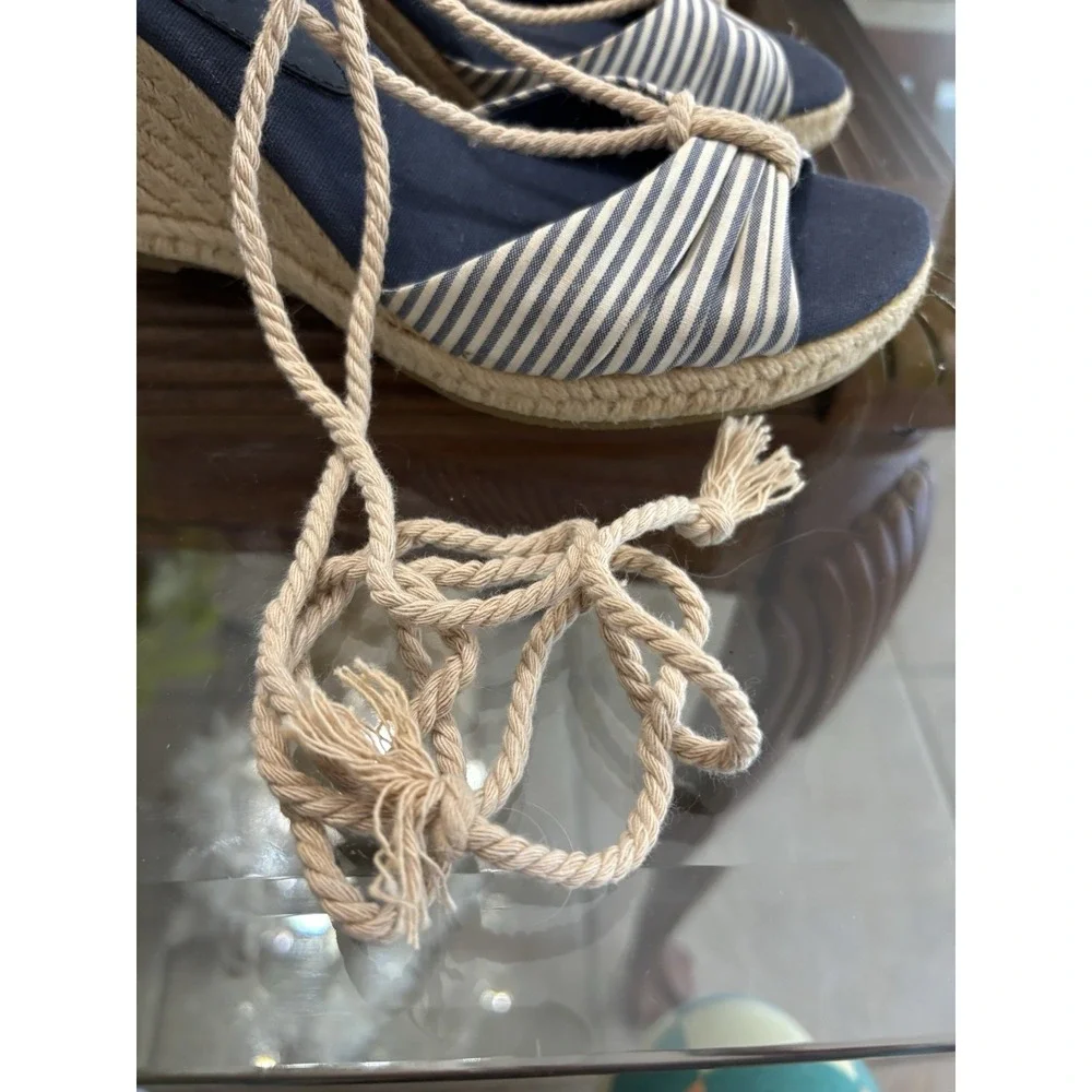American Living Women's Striped Leather Wedge Espadrille Sandals Bow US 8.5